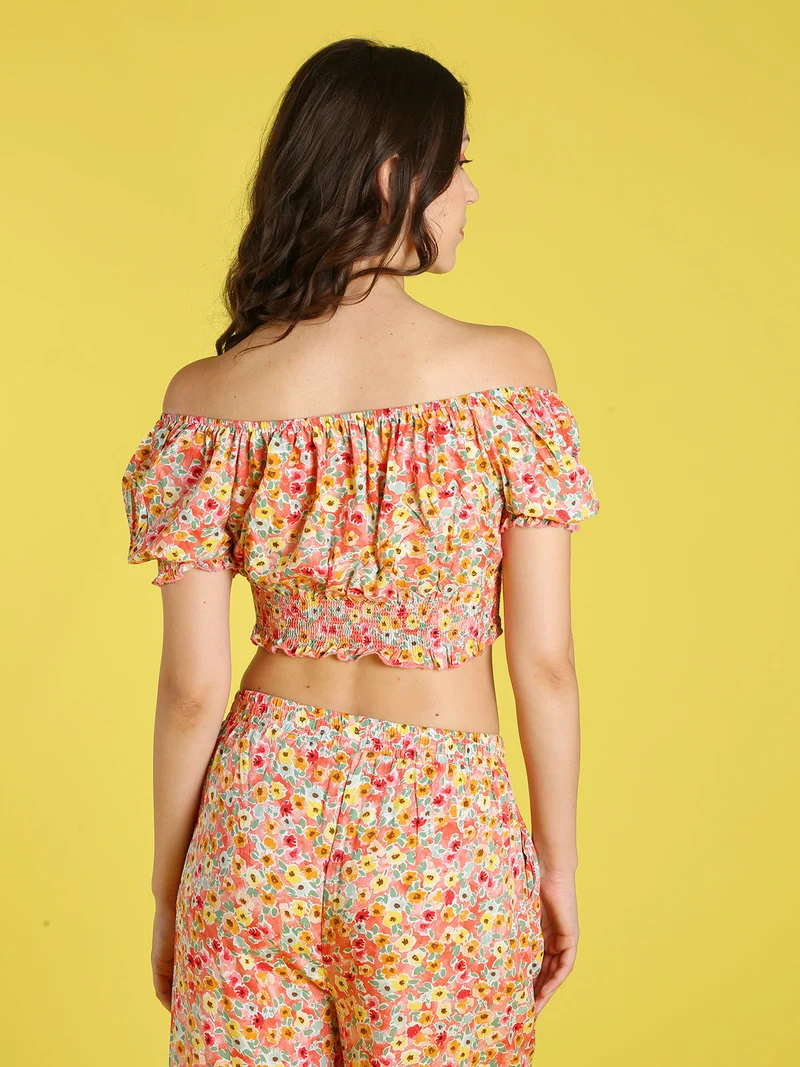 Top donna floreale a maniche corte con scollo elasticizzato - arancione