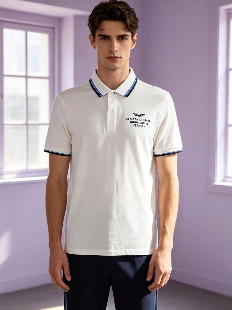 Polo da uomo in cotone a maniche corte con stampa - panna