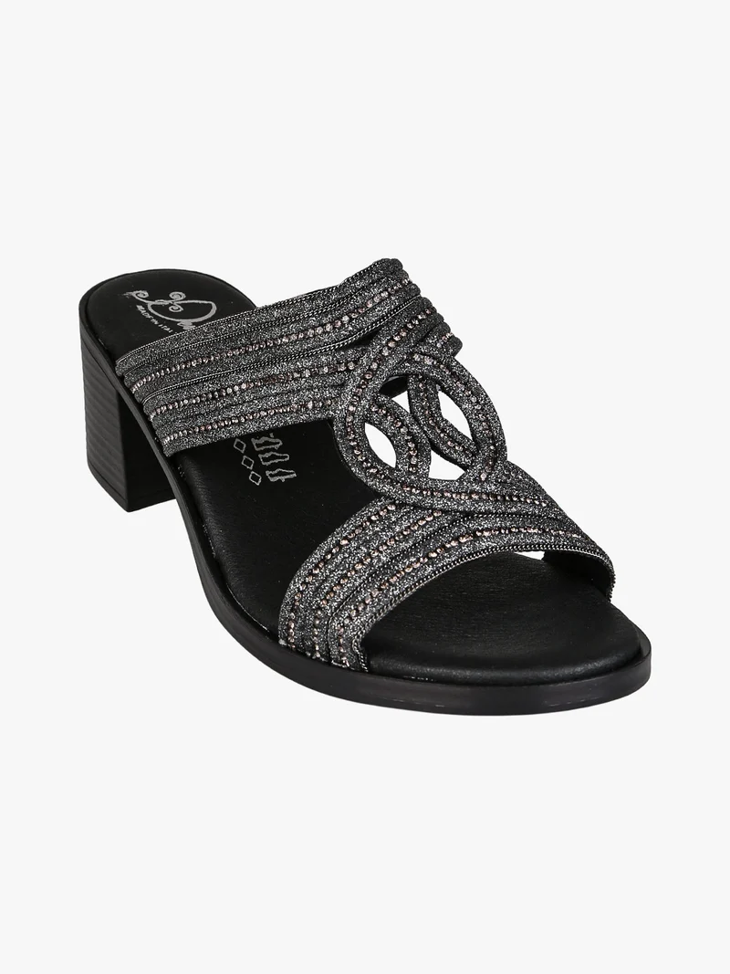Ciabatte donna con strass e tacco largo - nero