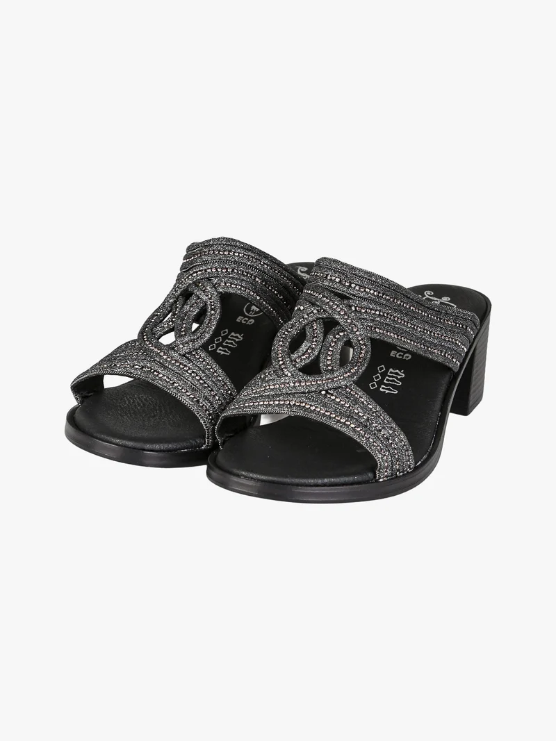 Ciabatte donna con strass e tacco largo - nero