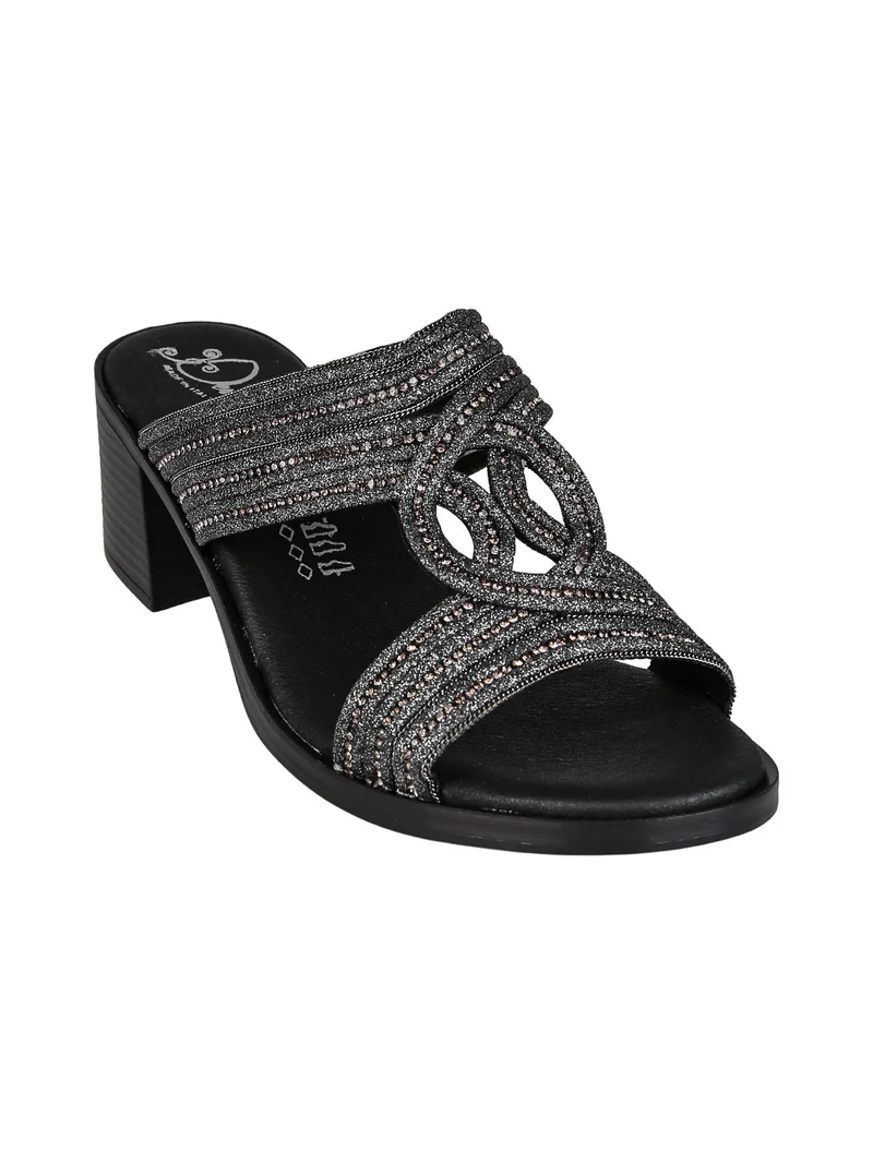 Ciabatte donna con strass e tacco largo - nero