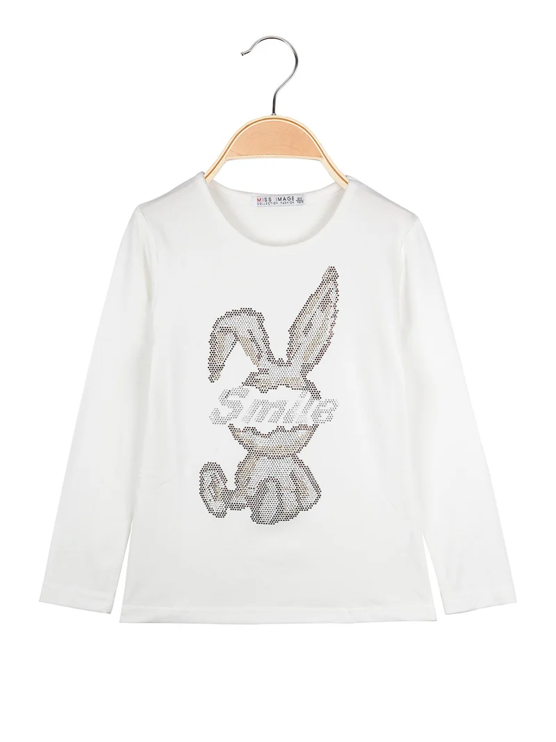 T-shirt da bambina a maniche lunghe con strass - bianco
