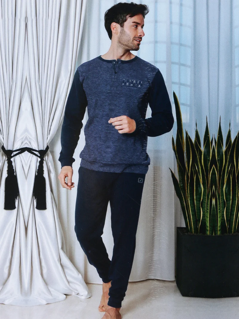 Pigiama lungo da uomo in misto cotone interlock - blu scuro