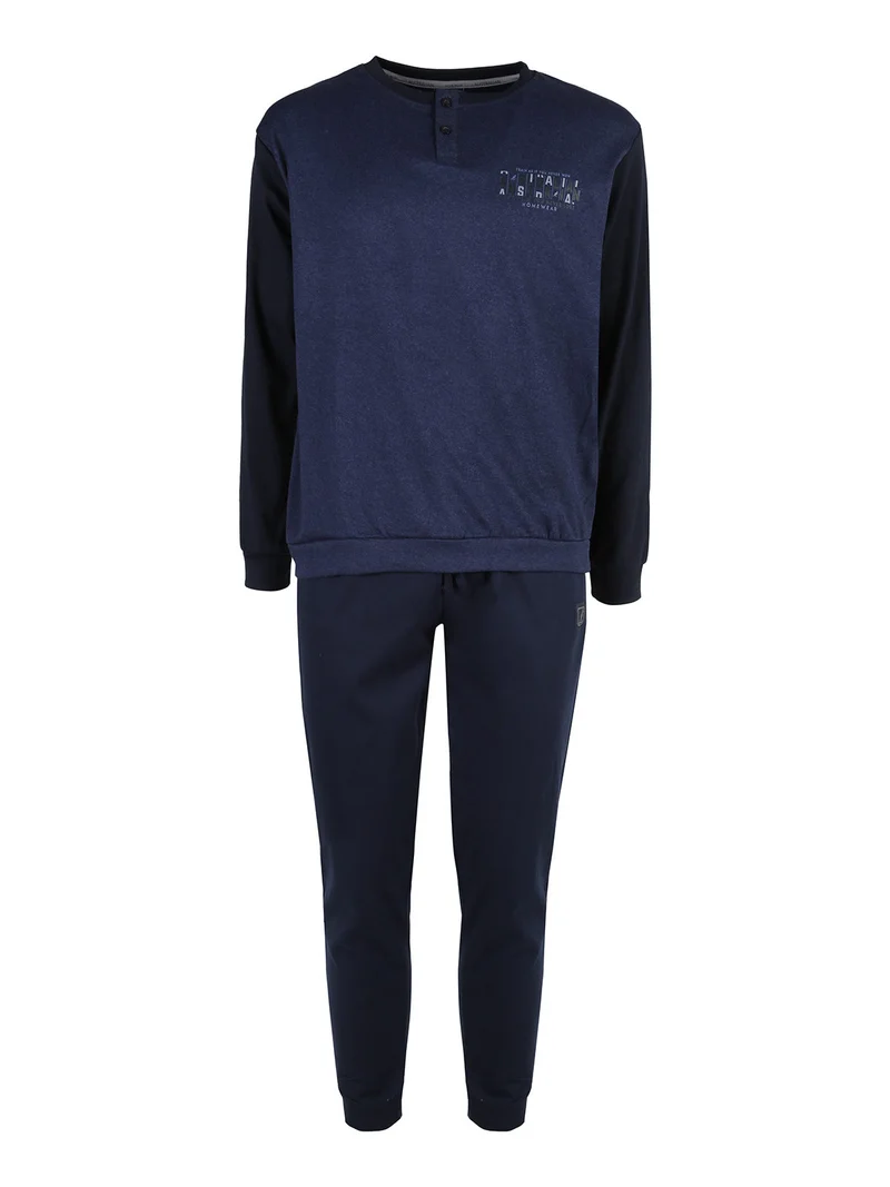 Pigiama lungo da uomo in misto cotone interlock - blu scuro