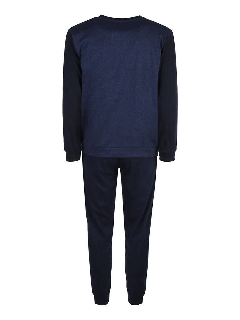 Pigiama lungo da uomo in misto cotone interlock - blu scuro