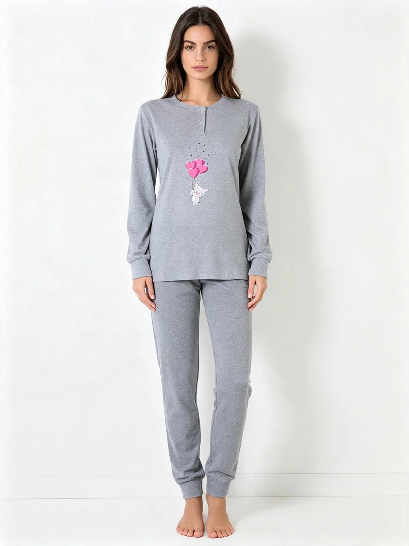 Pigiama lungo da donna in cotone interlock con stampa disegno - grigio