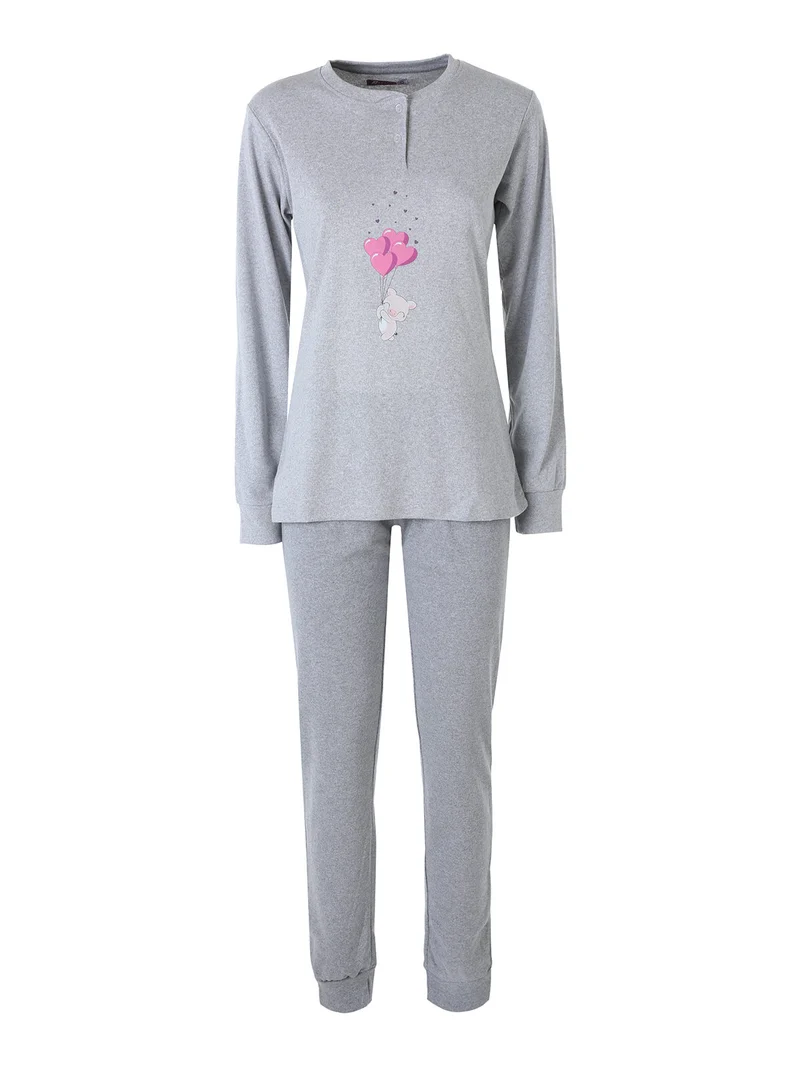 Pigiama lungo da donna in cotone interlock con stampa disegno - grigio