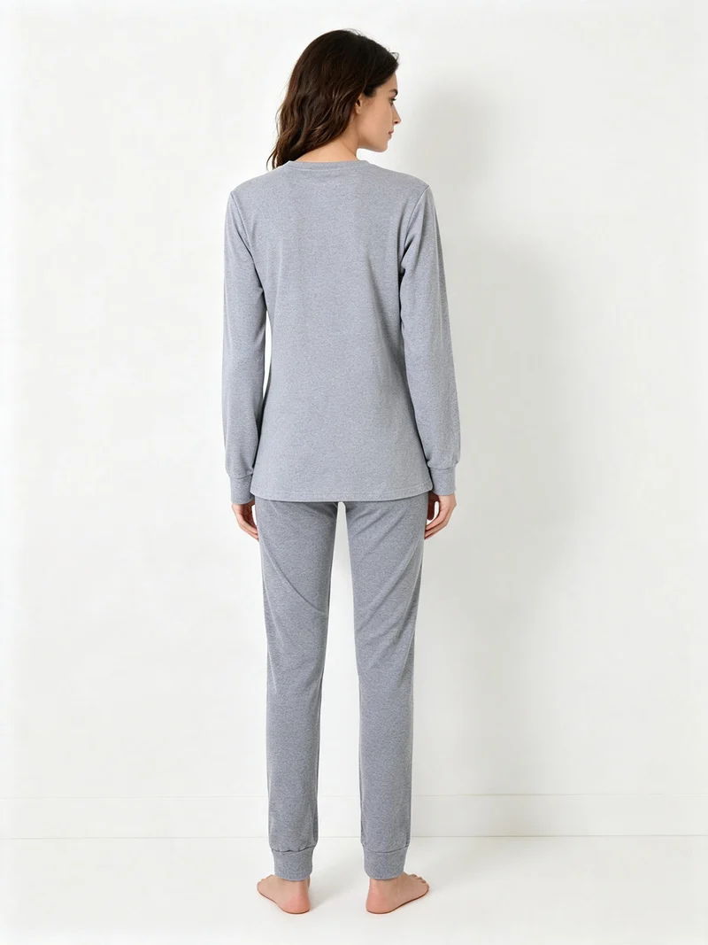 Pigiama lungo da donna in cotone interlock con stampa disegno - grigio