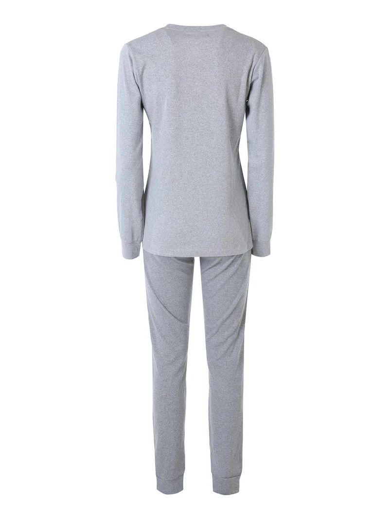 Pigiama lungo da donna in cotone interlock con stampa disegno - grigio