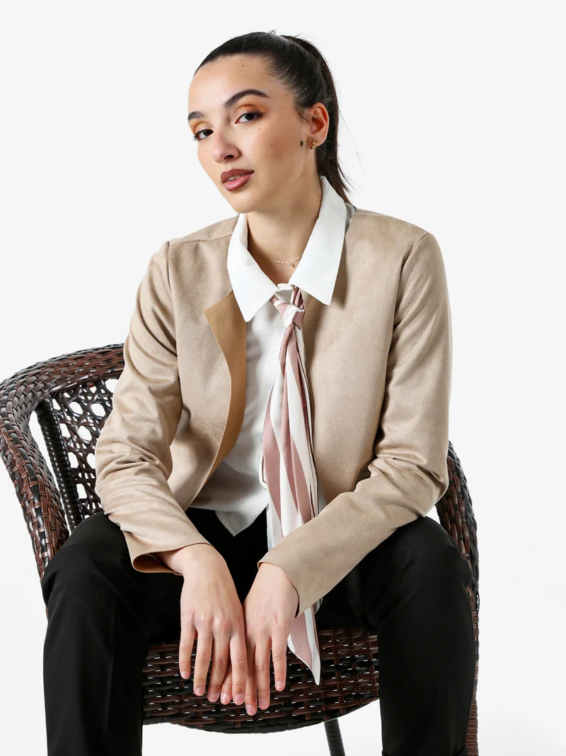 Blazer donna in tessuto scamosciato senza chiusura - cammello
