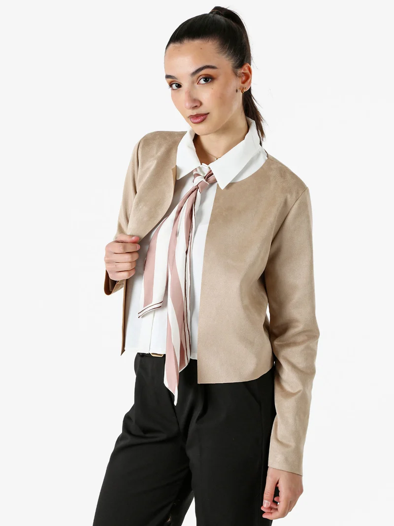 Blazer donna in tessuto scamosciato senza chiusura - cammello