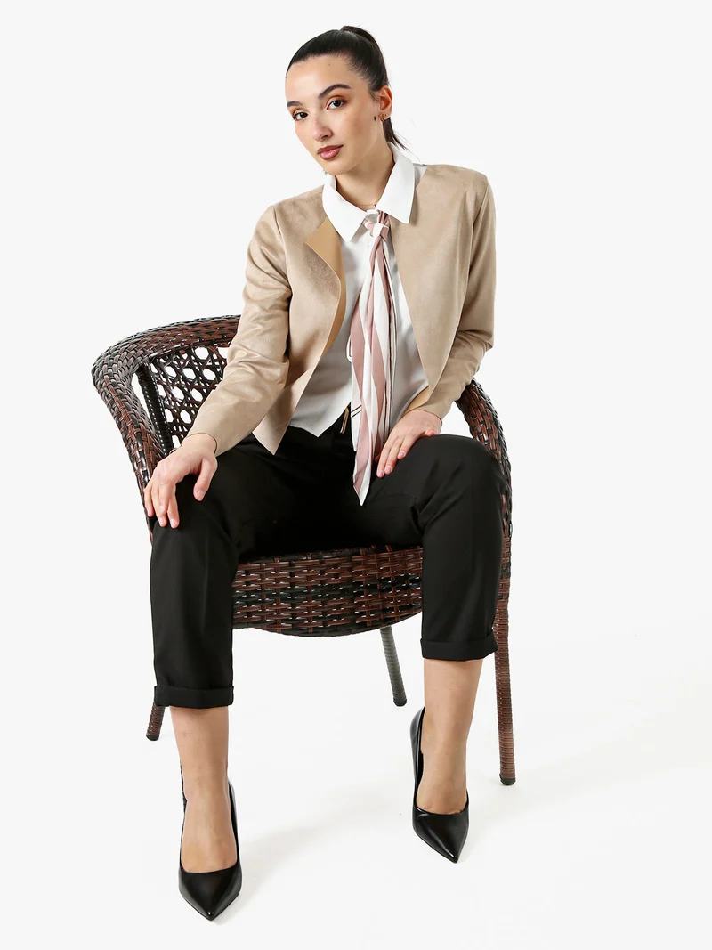 Blazer donna in tessuto scamosciato senza chiusura - cammello