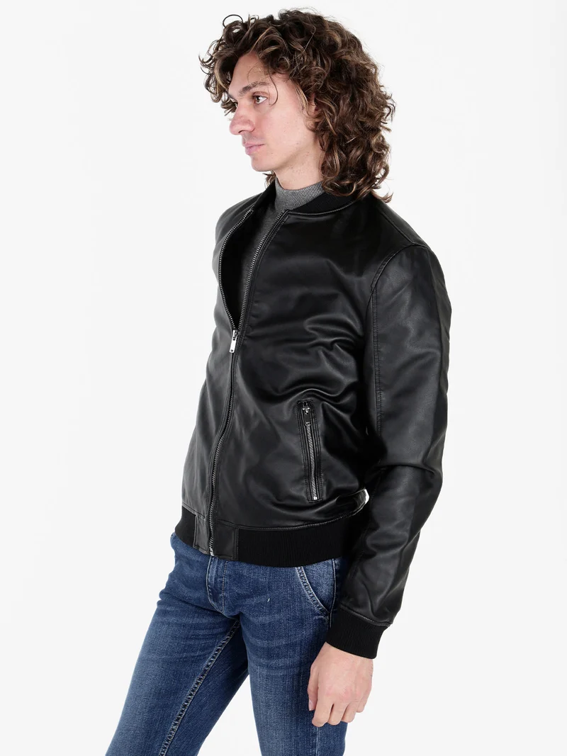 Giacca in ecopelle da uomo con zip - nero