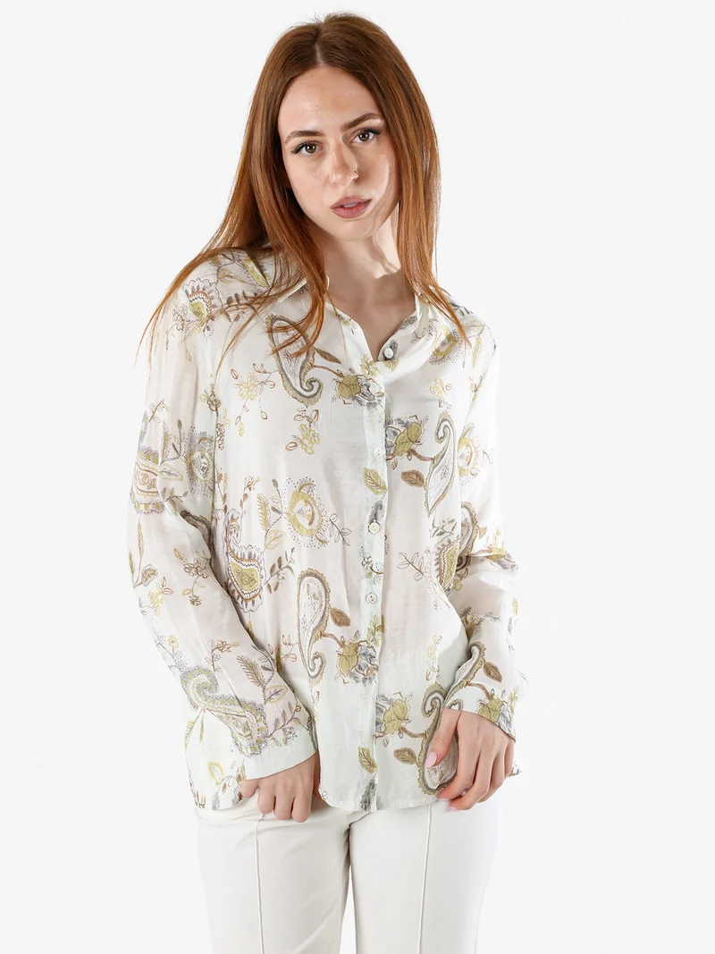 Camicia donna a maniche lunghe con stampa - panna