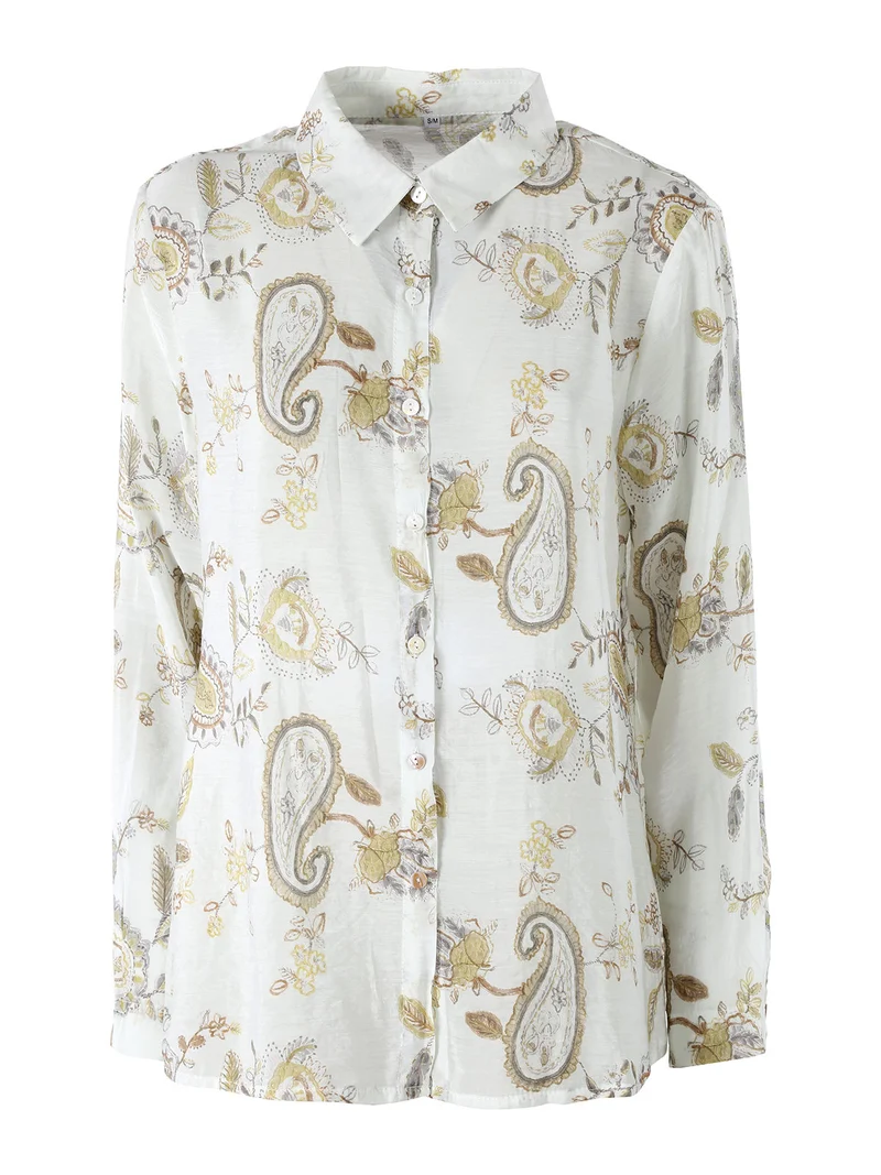 Camicia donna a maniche lunghe con stampa - panna