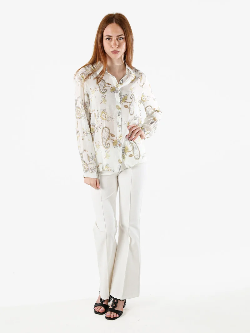 Camicia donna a maniche lunghe con stampa - panna