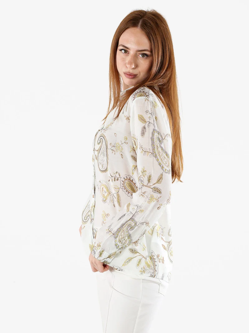 Camicia donna a maniche lunghe con stampa - panna