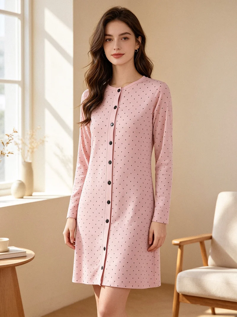 Camicia da notte donna con bottoni a maniche lunghe - cipria