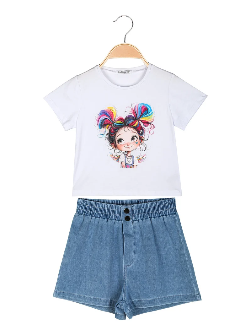 Completo corto da bambina con t-shirt crop e shorts in jeans - bianco
