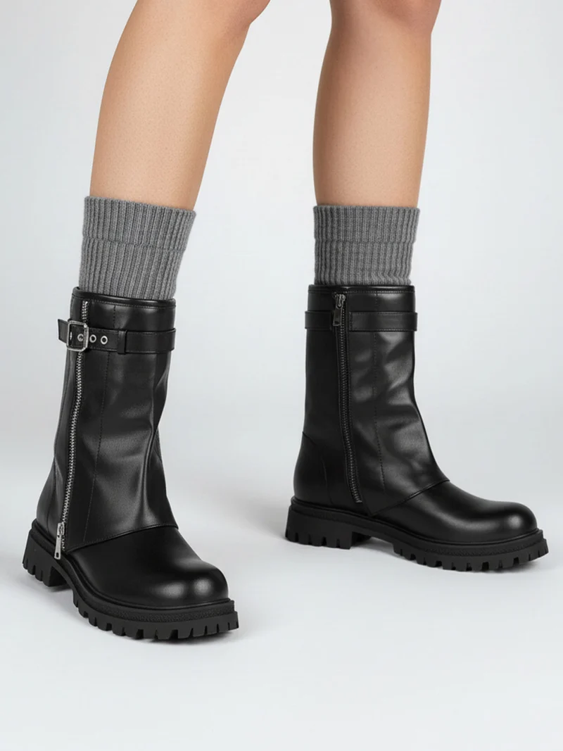 Stivaletti chunky donna a doppio strato con fibbia e zip - nero