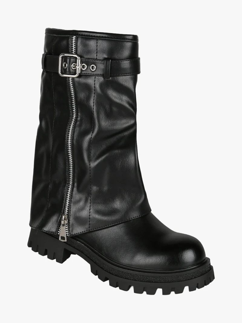 Stivaletti chunky donna a doppio strato con fibbia e zip - nero