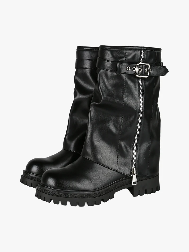 Stivaletti chunky donna a doppio strato con fibbia e zip - nero