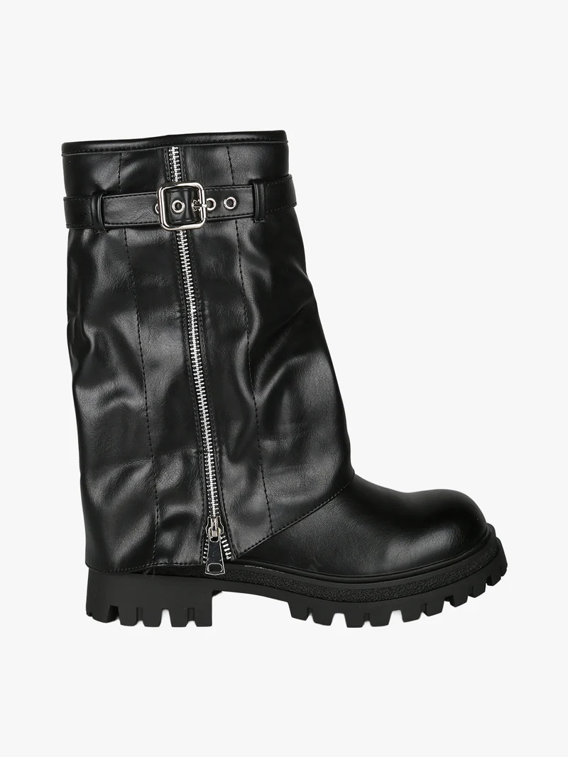 Stivaletti chunky donna a doppio strato con fibbia e zip - nero