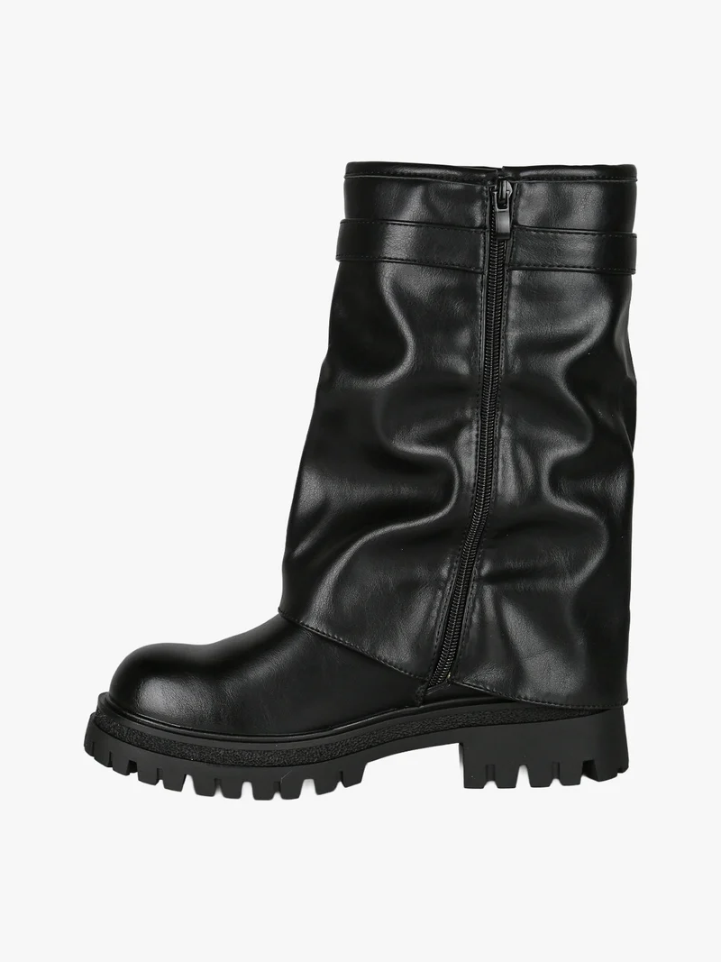 Stivaletti chunky donna a doppio strato con fibbia e zip - nero