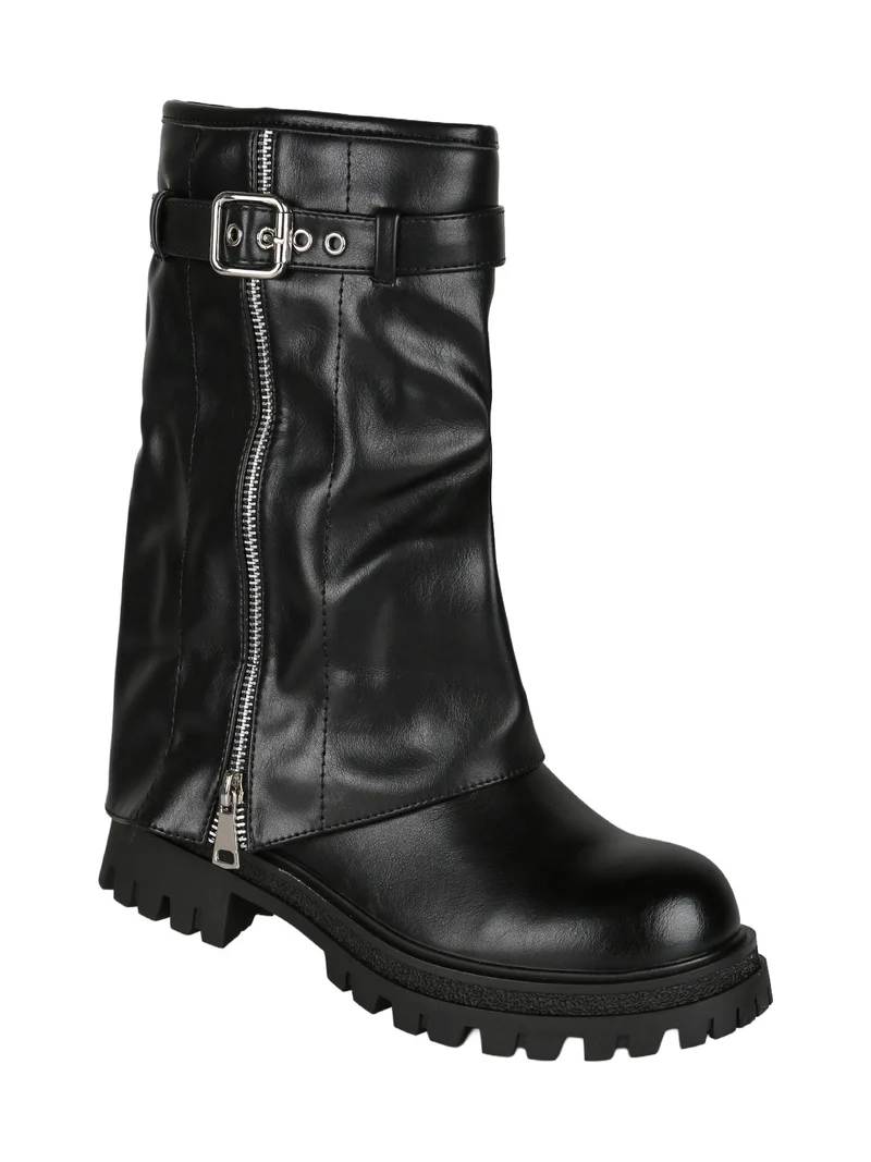 Stivaletti chunky donna a doppio strato con fibbia e zip - nero