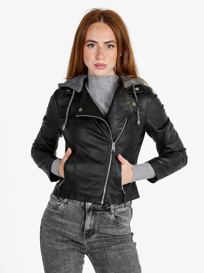 Giacca donna in ecopelle con cappuccio - nero
