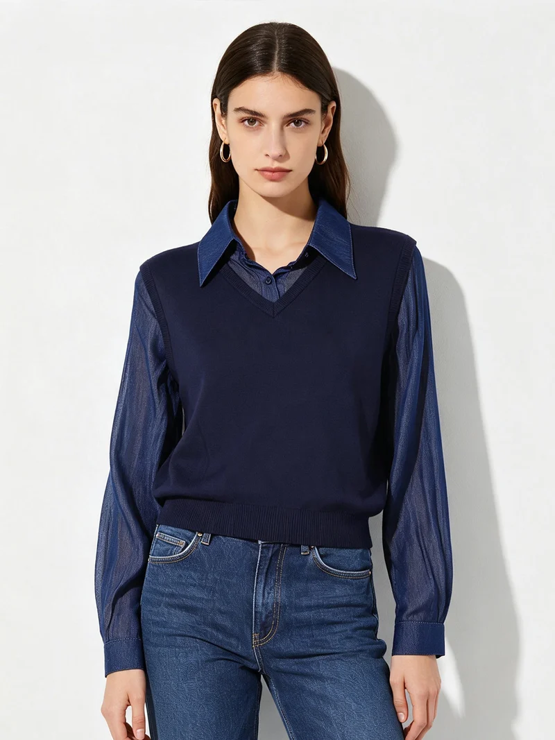 Maglia donna a gilet con inserto a camicia effetto jeans - blu scuro