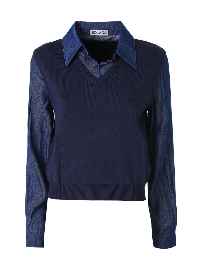 Maglia donna a gilet con inserto a camicia effetto jeans - blu scuro