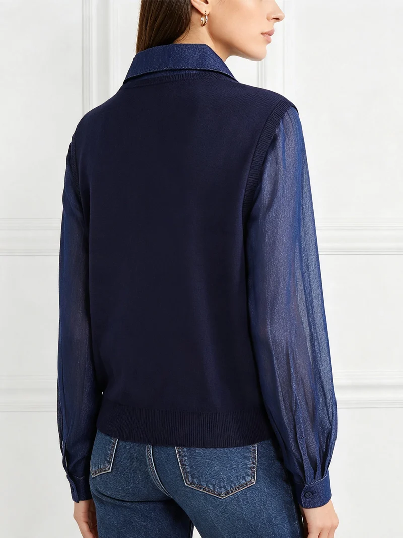 Maglia donna a gilet con inserto a camicia effetto jeans - blu scuro