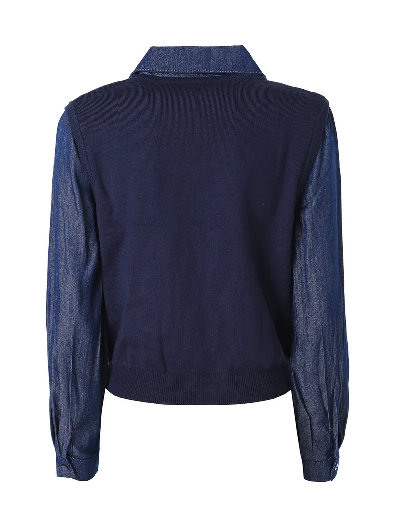 Maglia donna a gilet con inserto a camicia effetto jeans - blu scuro