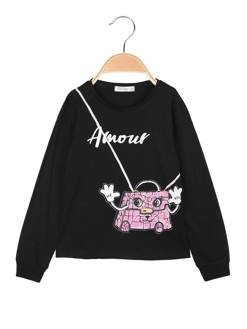 T-shirt bambina manica lunga con brillantini - nero