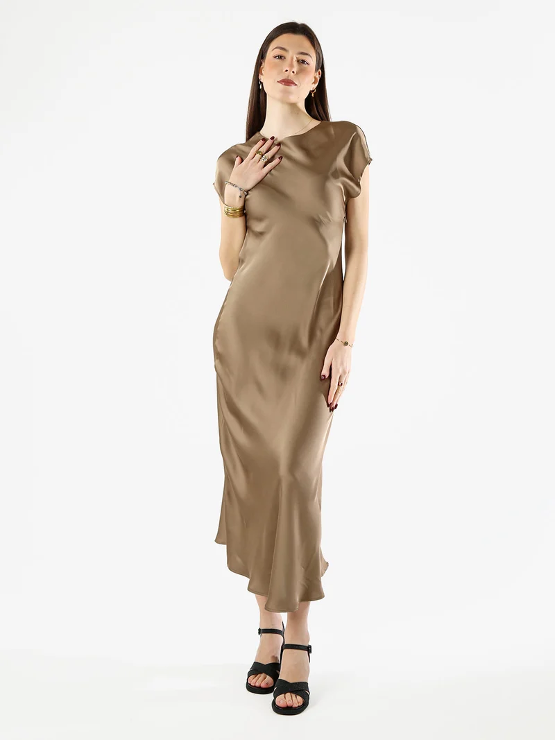 Abito lungo da donna in tessuto simil raso a maniche corte - khaki
