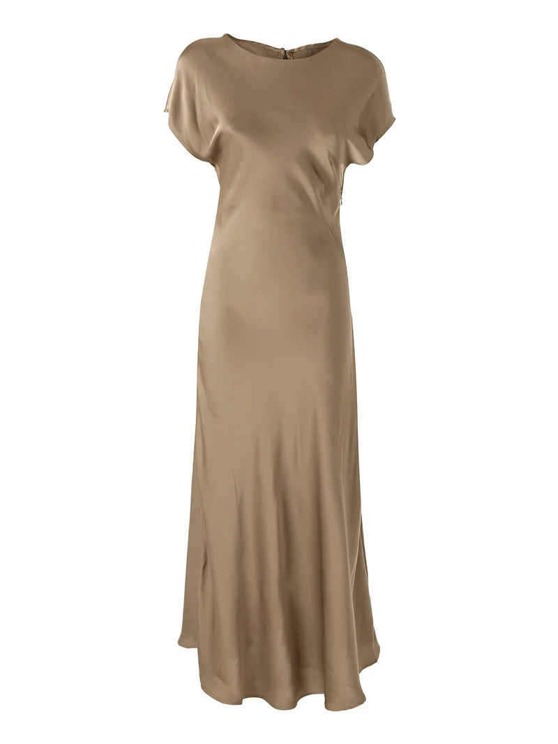 Abito lungo da donna in tessuto simil raso a maniche corte - khaki