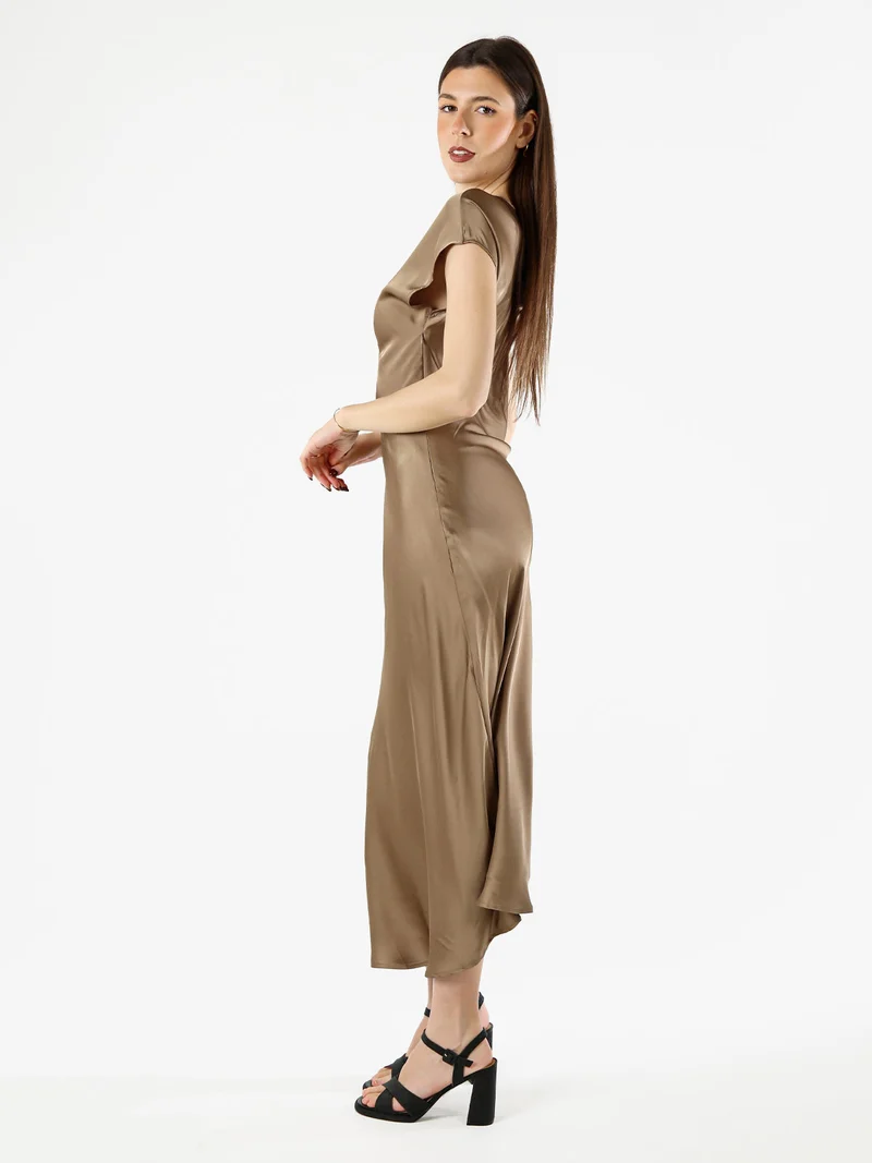 Abito lungo da donna in tessuto simil raso a maniche corte - khaki