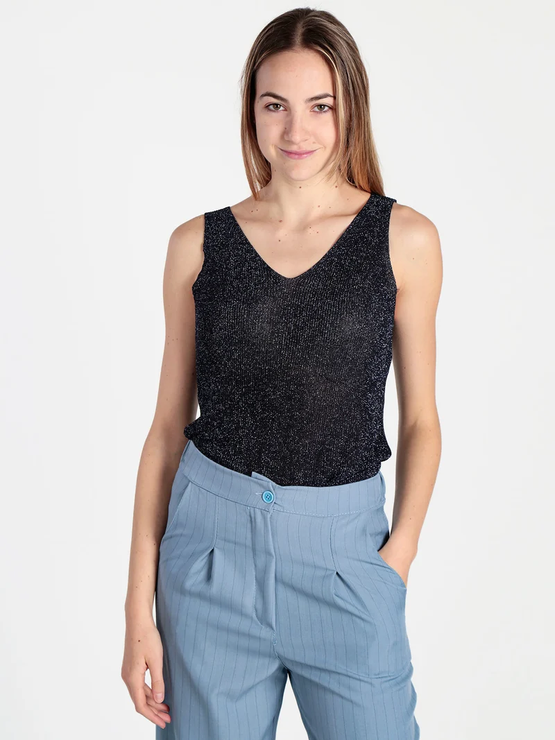 Top donna in lurex a costine - blu scuro