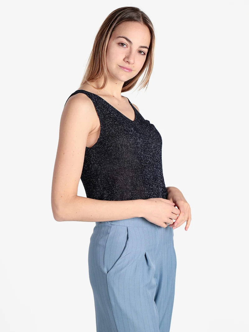 Top donna in lurex a costine - blu scuro