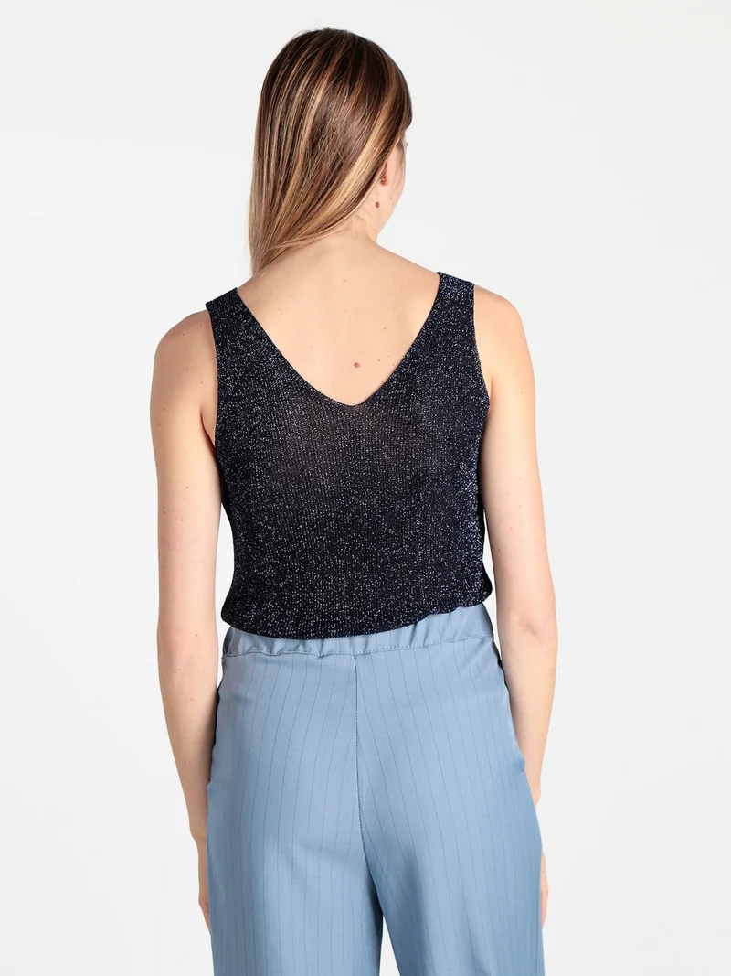 Top donna in lurex a costine - blu scuro