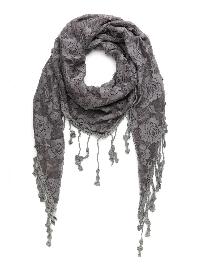 Sciarpa donna con pizzo e nappine - grigio