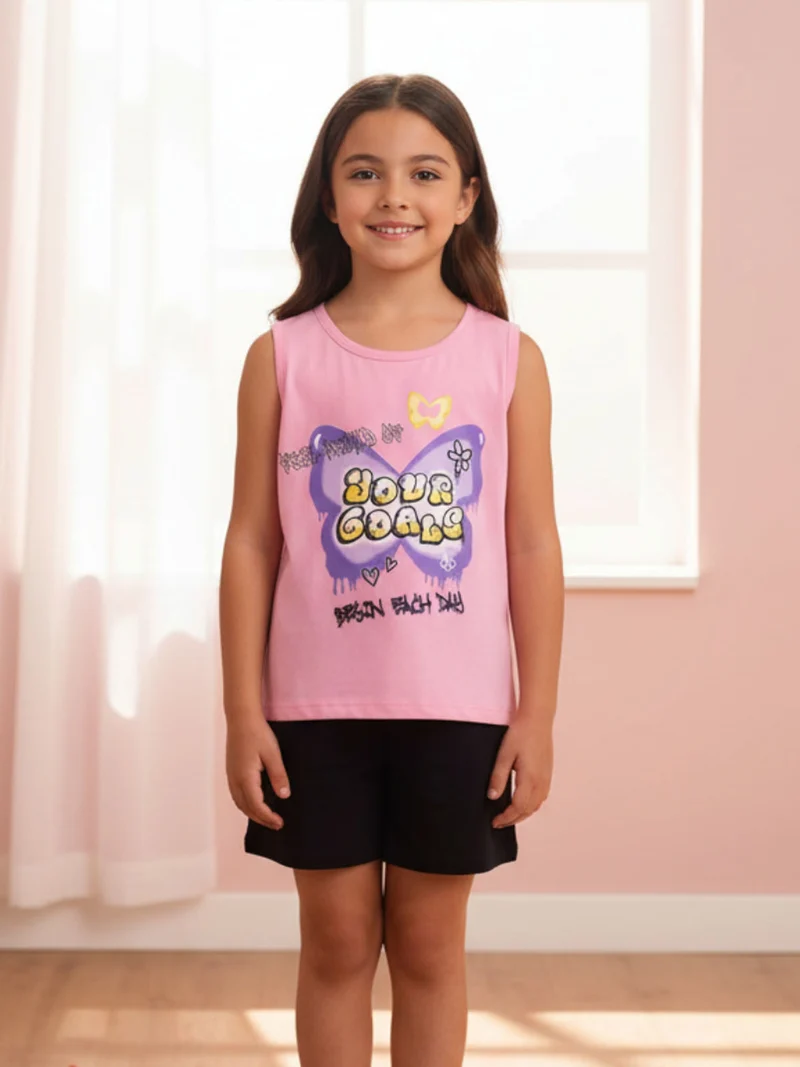 Completo corto da bambina con canotta e shorts in cotone - rosa