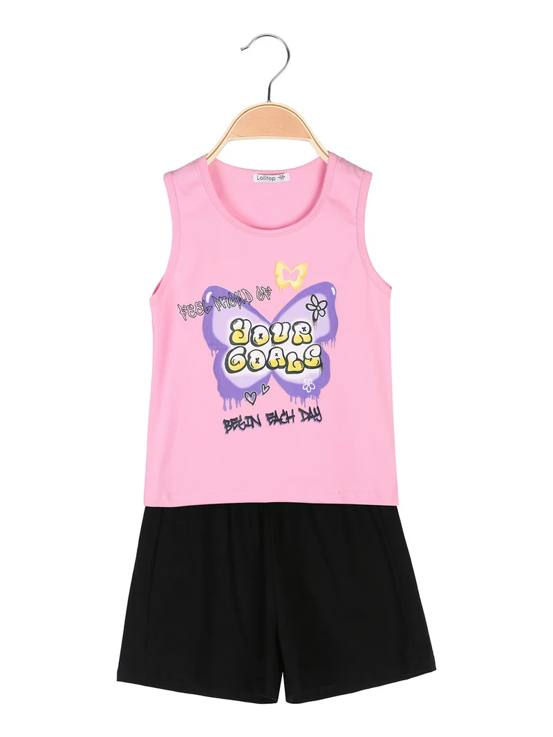 Completo corto da bambina con canotta e shorts in cotone - rosa