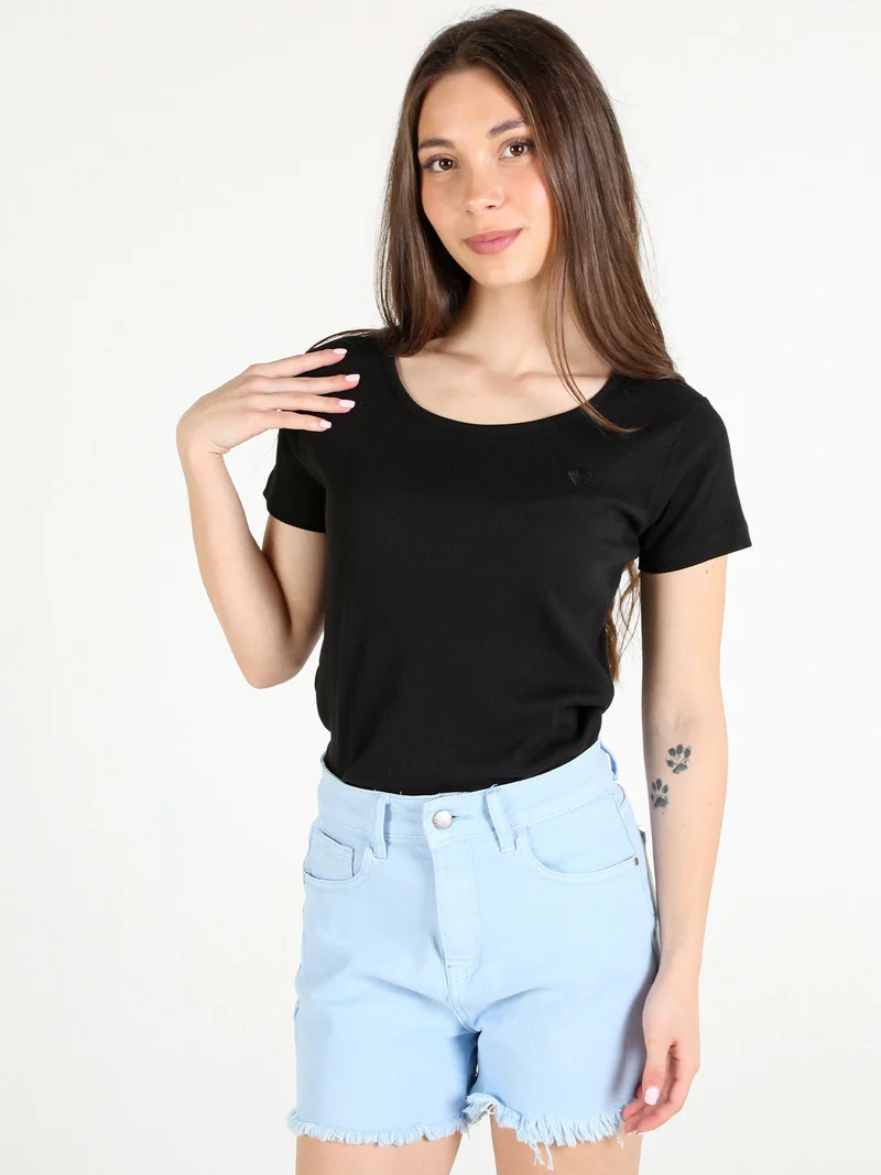 T-shirt donna in cotone a costine - nero