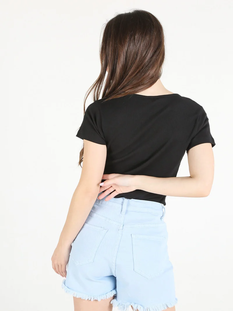 T-shirt donna in cotone a costine - nero