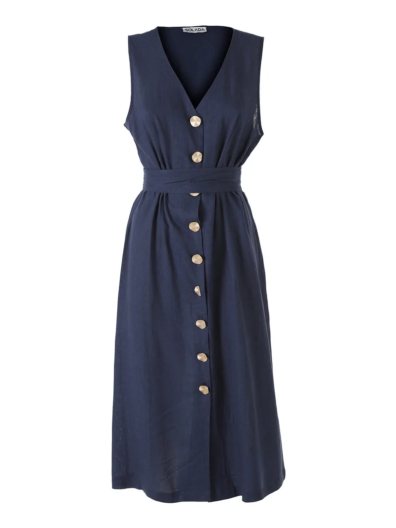Abito smanicato da donna a camicia in misto lino - blu scuro