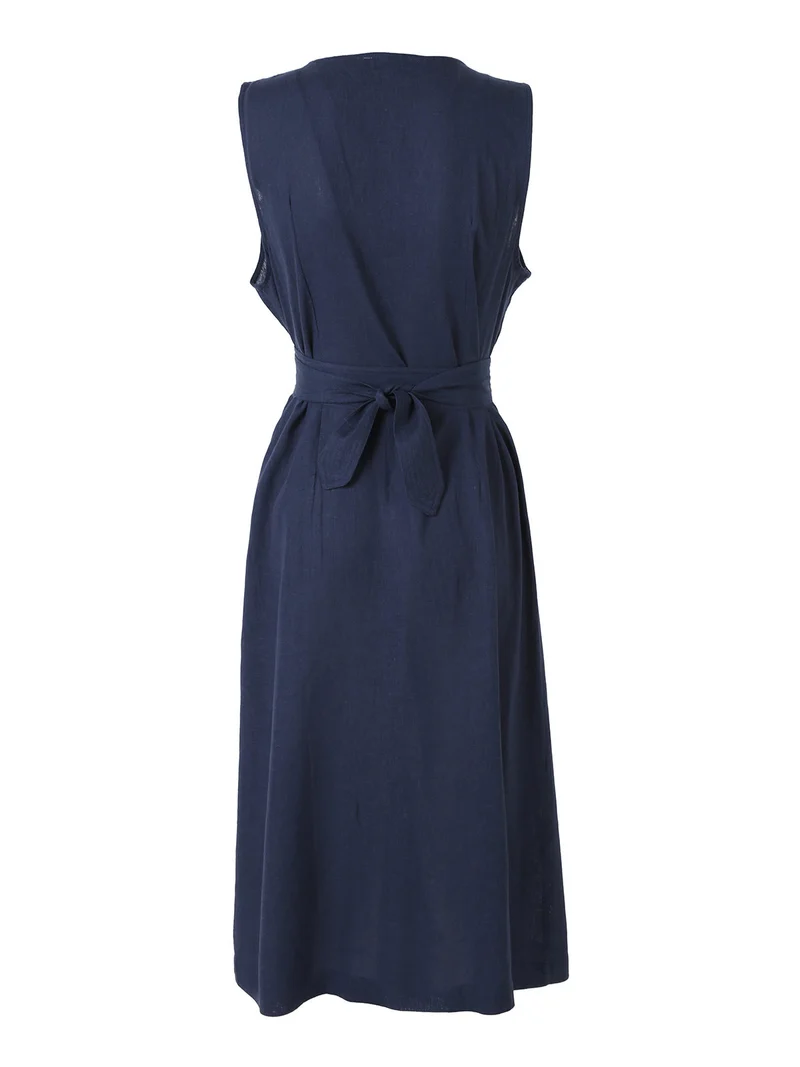Abito smanicato da donna a camicia in misto lino - blu scuro