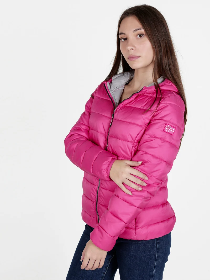 Piumino donna con cappuccio e zip - fucsia