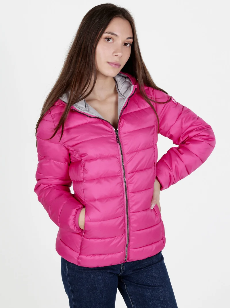Piumino donna con cappuccio e zip - fucsia